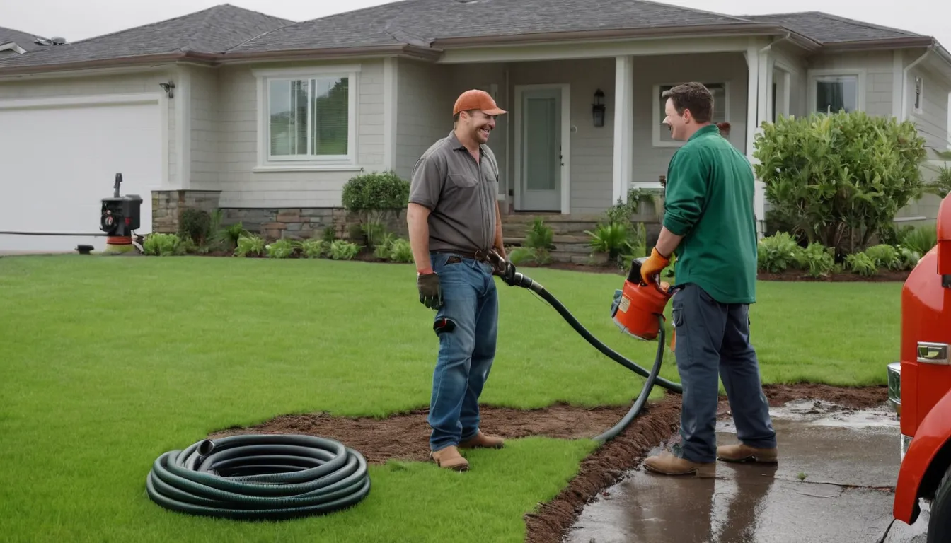 A friendly provider checking a septic tank lid in a residential yard in Schaumburg